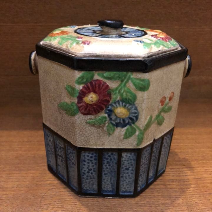ビンテージ　明治頃　小物入れ　貫入あり　花柄　陶器 Vintage Japan