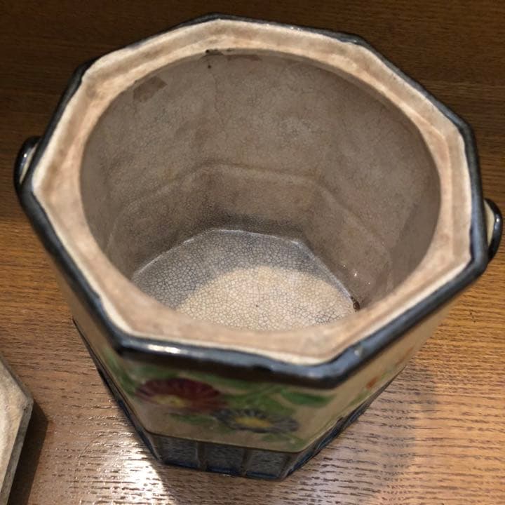 ビンテージ　明治頃　小物入れ　貫入あり　花柄　陶器 Vintage Japan