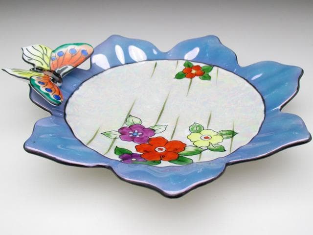 オールドノリタケ ブルー地花絵 蝶フィギュア付 ボウル