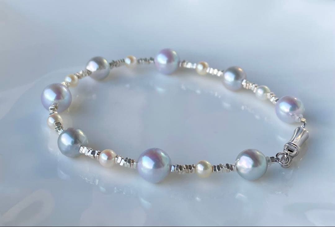 あこや真珠 ブルー クリーム s925 ブレスレット 透明感 洗練 fei