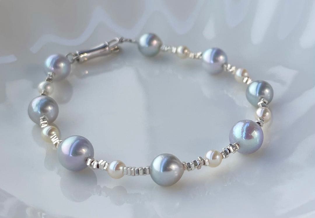 あこや真珠 ブルー クリーム s925 ブレスレット 透明感 洗練 fei