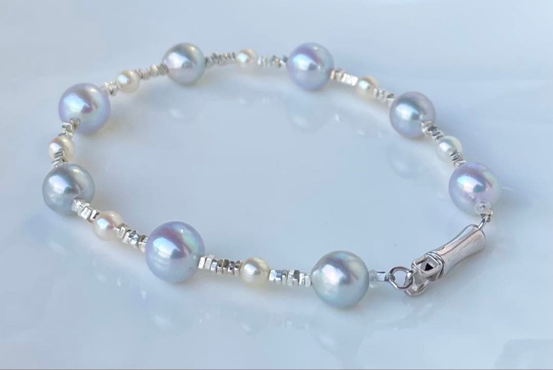 あこや真珠 ブルー クリーム s925 ブレスレット 透明感 洗練 fei