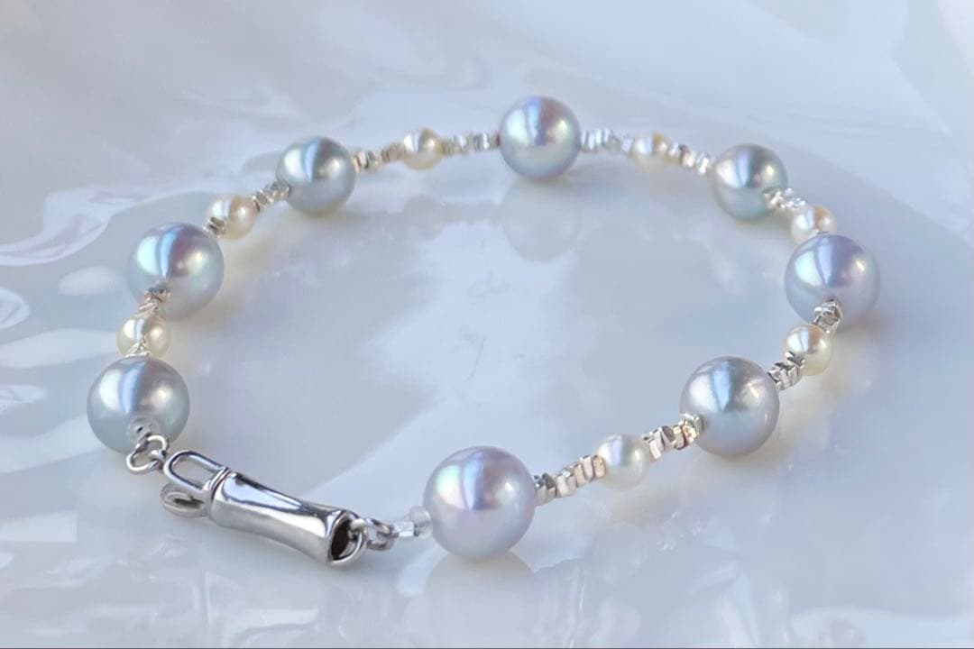 あこや真珠 ブルー クリーム s925 ブレスレット 透明感 洗練 fei