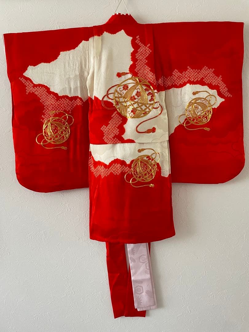 七五三　3歳　正絹お着物セット　髪飾り付き