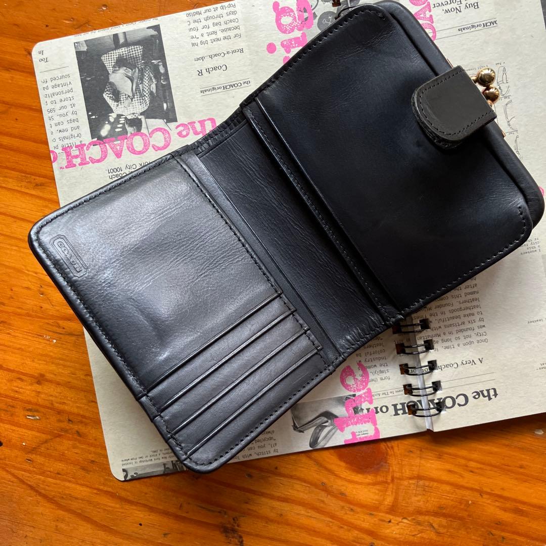 オールドコーチvintage コーチ　ブラックレザーがま口二つ折り財布