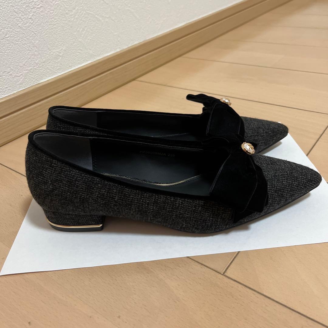 RANDA ベロアリボンクラシカルフラットパンプス ブラック
