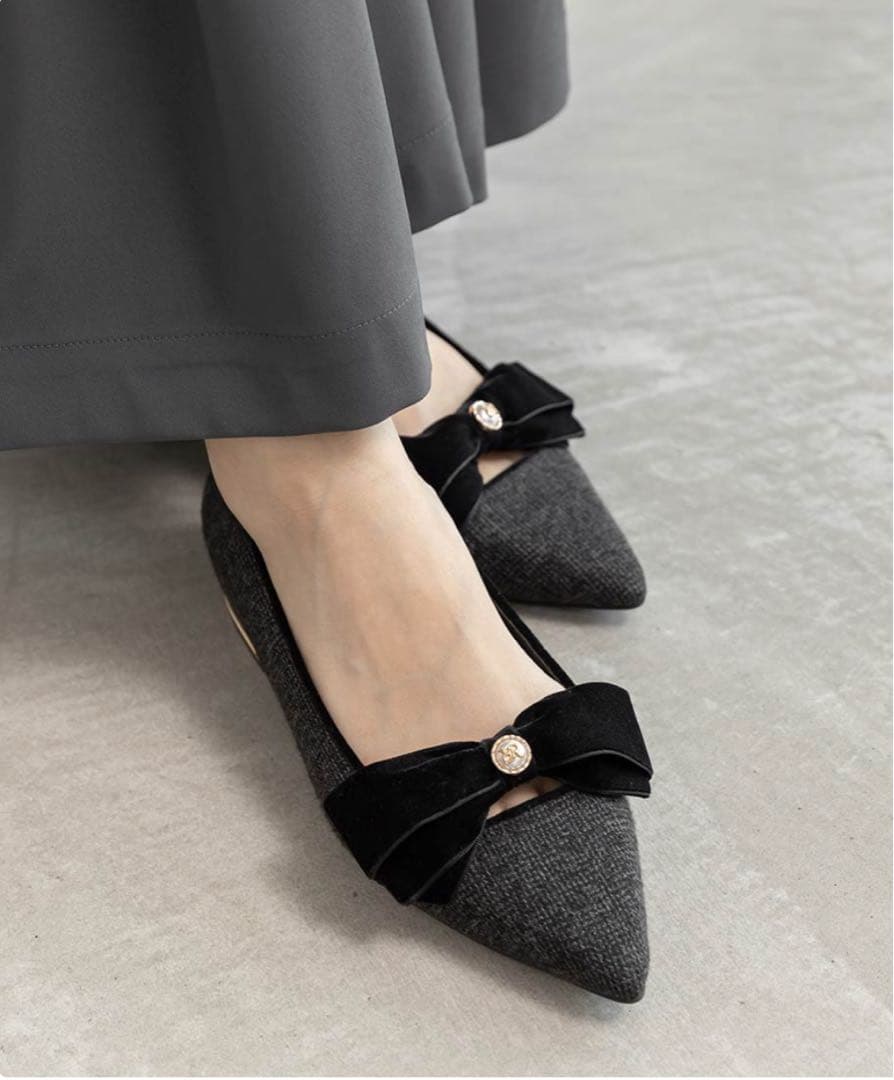 RANDA ベロアリボンクラシカルフラットパンプス ブラック