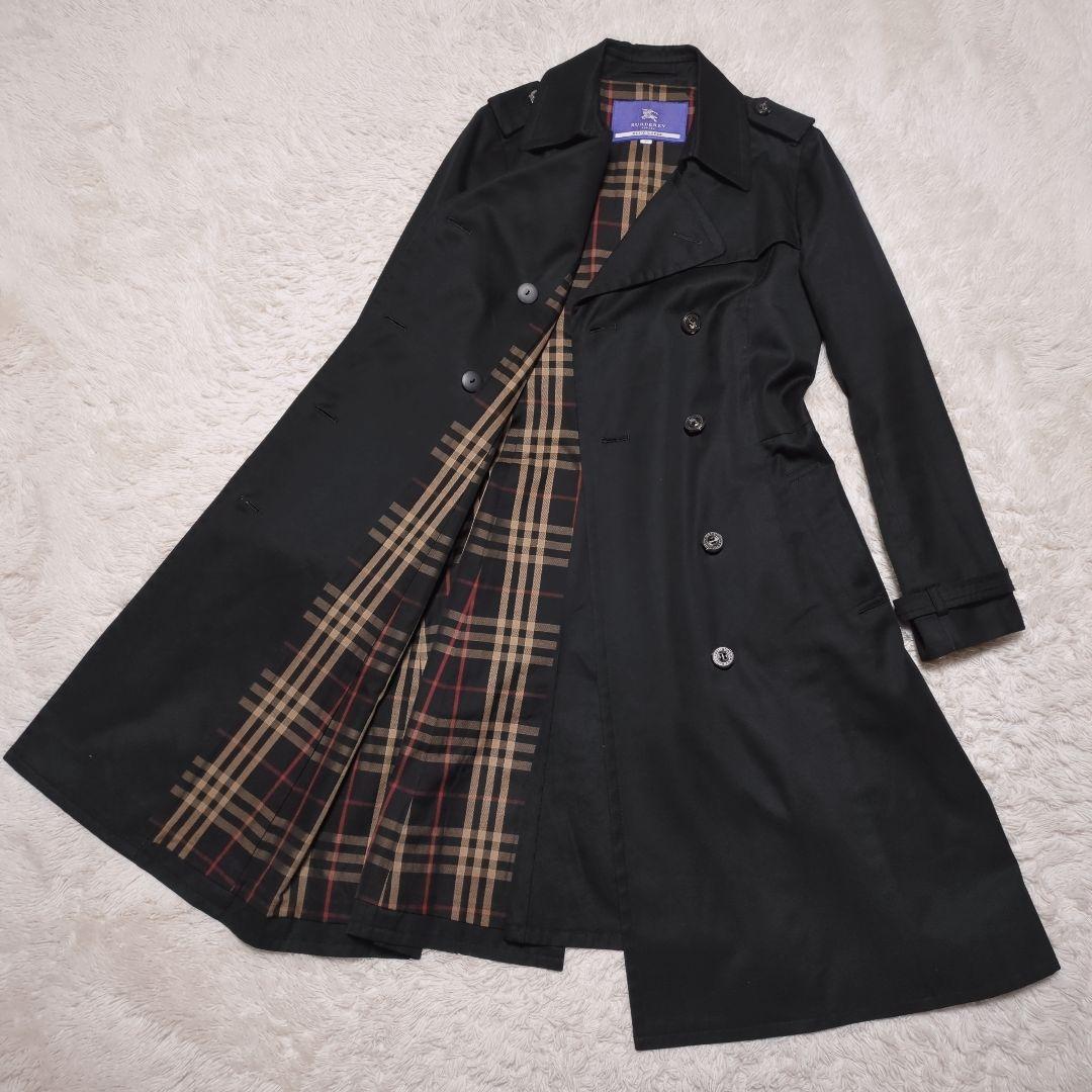 バーバリーブルーレーベル　ロングトレンチコート　L　ノバチェック　Aライン　黒
