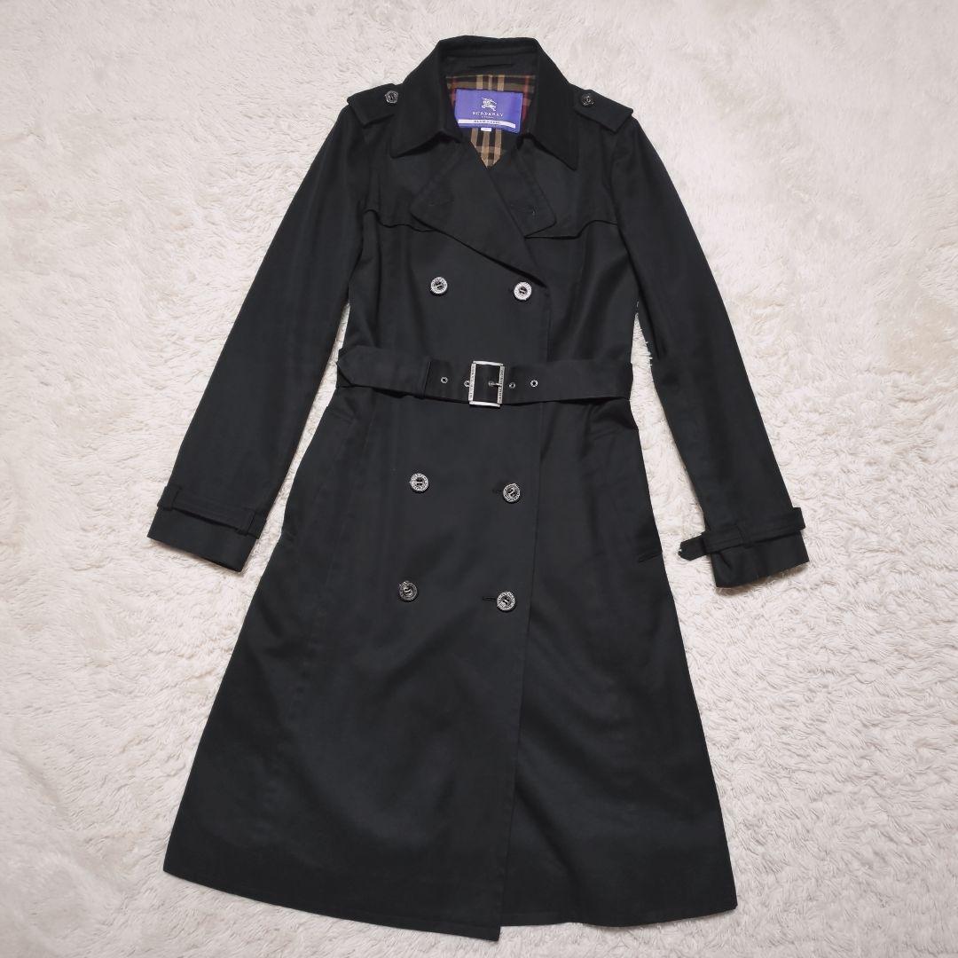 バーバリーブルーレーベル　ロングトレンチコート　L　ノバチェック　Aライン　黒