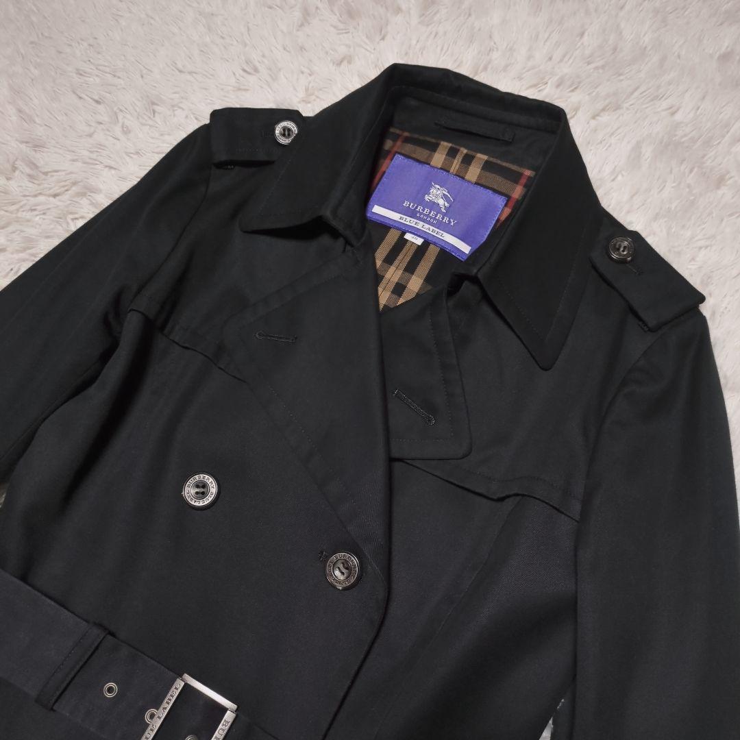バーバリーブルーレーベル　ロングトレンチコート　L　ノバチェック　Aライン　黒