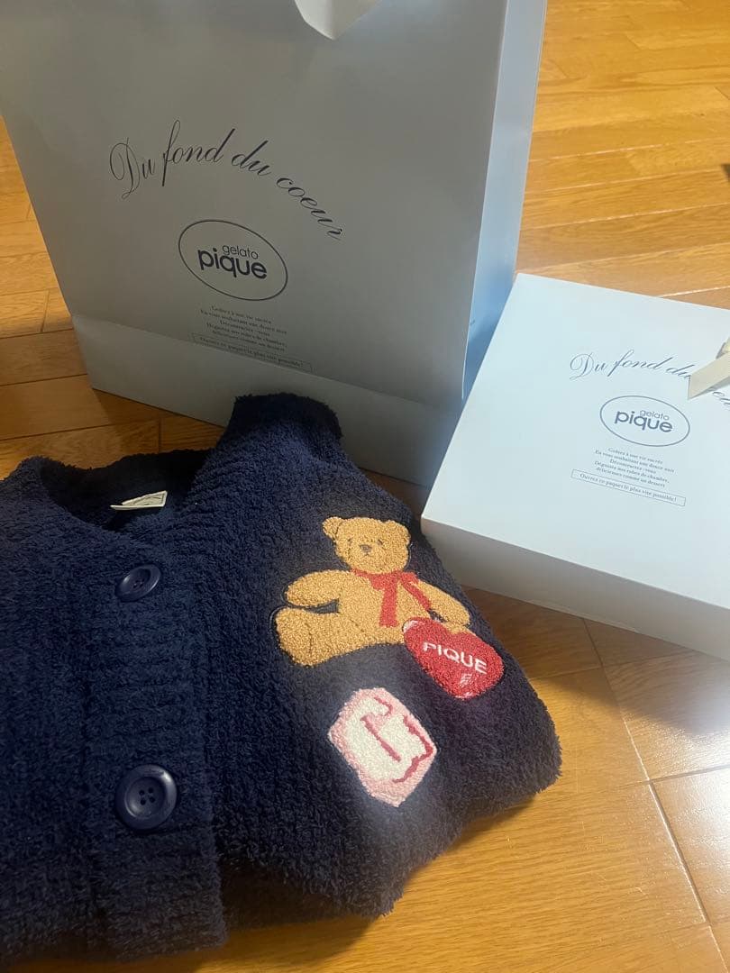pique テディベア刺繍 カーディガン ネイビー