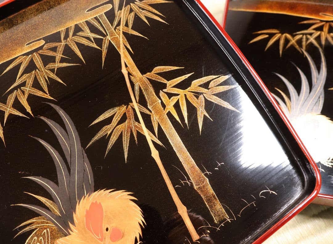 木製漆器 竹鶏蒔絵 吸物膳 五客 溜塗 黒塗 足付 四方膳 茶懐石 CM386