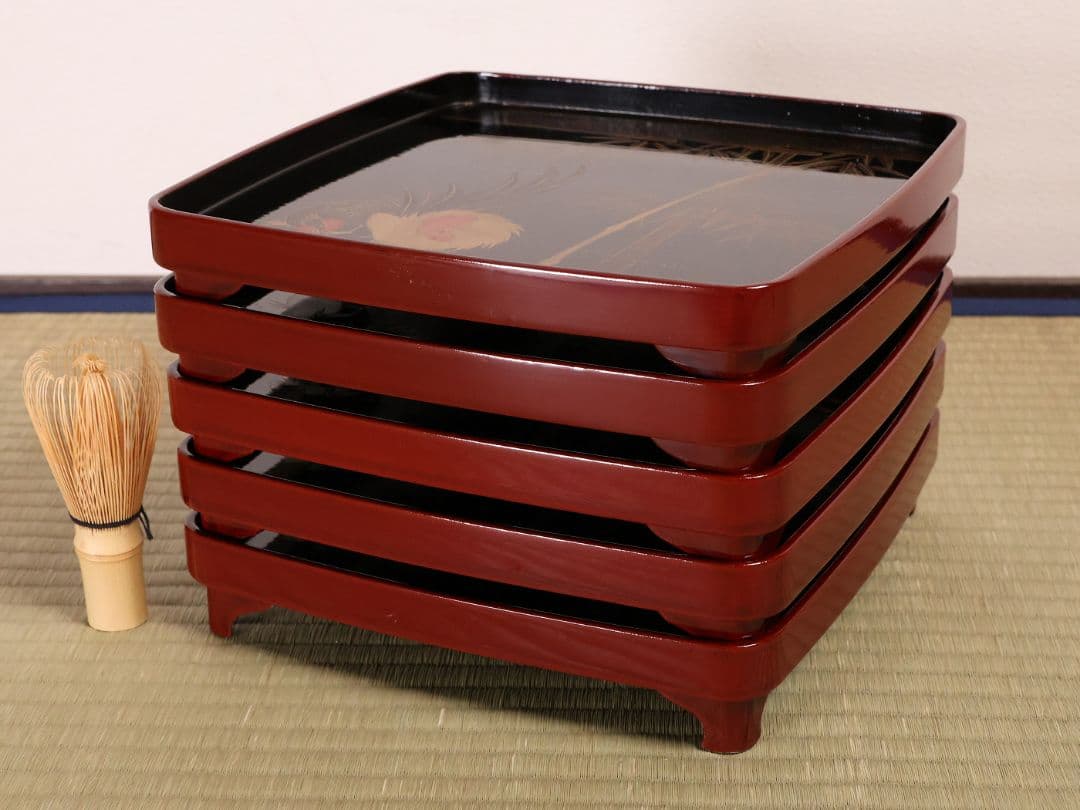木製漆器 竹鶏蒔絵 吸物膳 五客 溜塗 黒塗 足付 四方膳 茶懐石 CM386