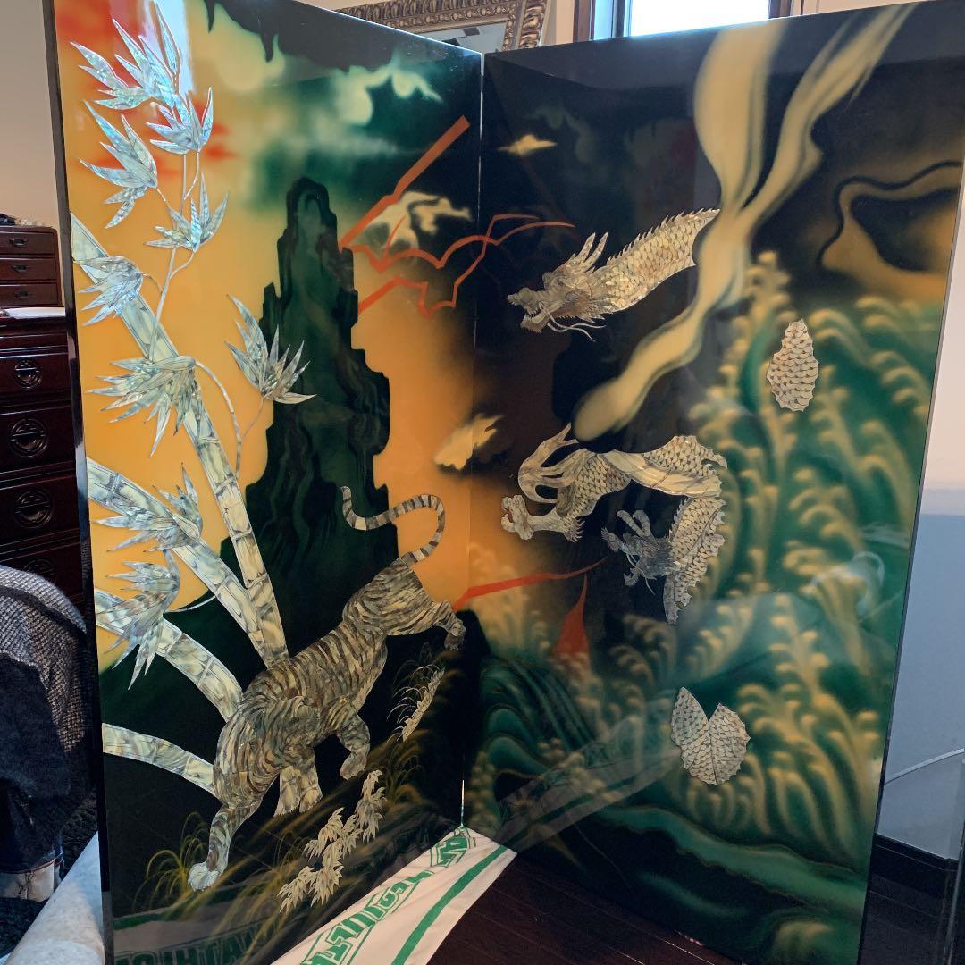 屏風　屛風　虎　ヒョウ　豹　龍　竜　螺鈿　貝殻　インテリア　オブジェ