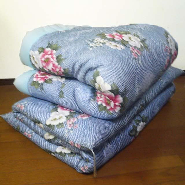 寝具 掛敷布団 シングル 和式 昔ながら 花柄 牡丹 ブルー(T08-2)