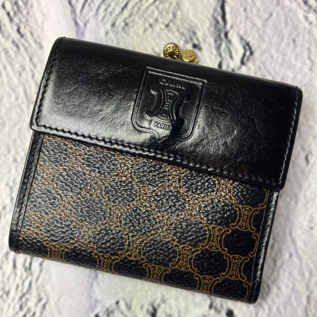 セリーヌ✨がま口 黒マカダム PVC レザー 本革 三つ折り財布