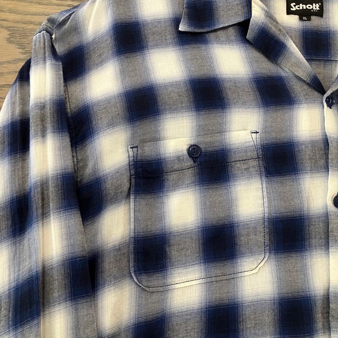 【超美品】Schott ショット オンブレ チェックシャツ レーヨンXL ブルー