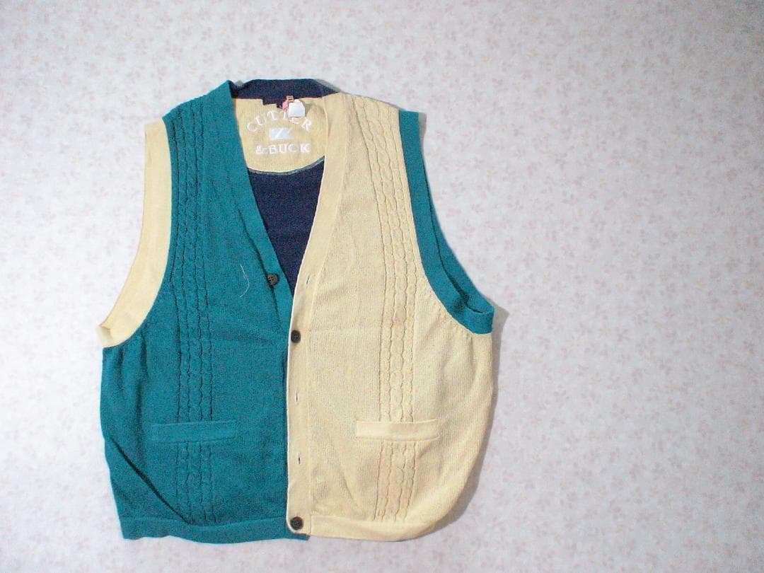 3545　CUTTER&BUOK メンズ　ニットベスト　紺Ｘ緑Ｘベージュ　Ｌ