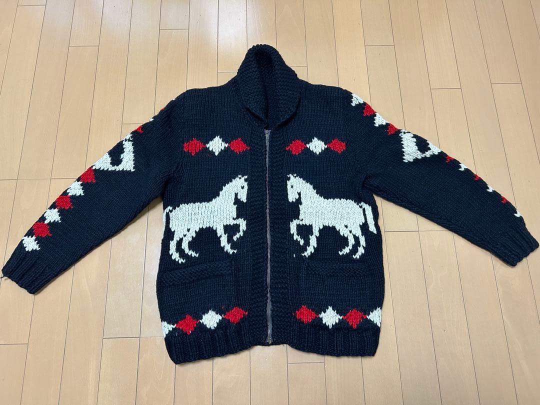 ヴィンテージカウチンセーター　年代不明ブラック馬柄　LIGHTNING zip