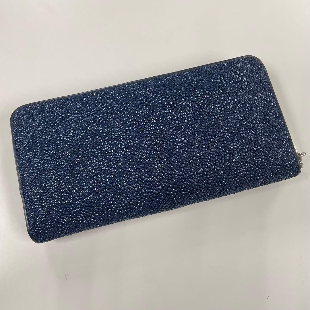 スティングレイ 長財布 ネイビー ストラップ付 大容量 本革 ラウンドファスナー