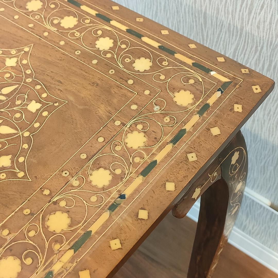 アンティーク　花台　象嵌　サイドテーブル　猫脚　棚付き