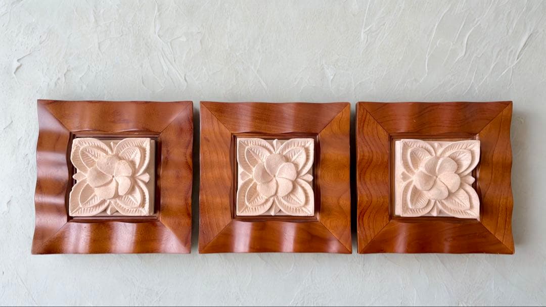 高級チーク材×天然石 壁掛け3点セット｜バリ風 アジアンインテリア（補修あり）