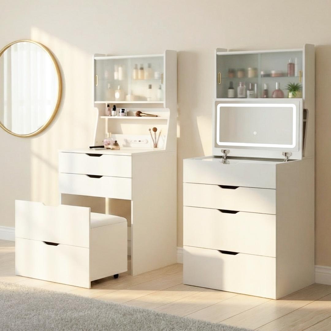 ドレッサー 2WAY天板 無段階調節LED女優ミラー 3色 ガラス扉キャビネット