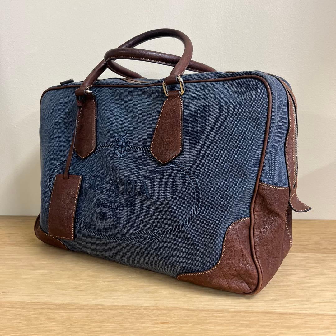 PRADA プラダ　ボストンバック　レザー　キャンバス　ロゴ　ハンドバック