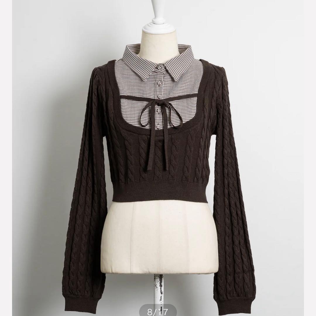 pium レイヤードケーブル長袖ニット ブラウン