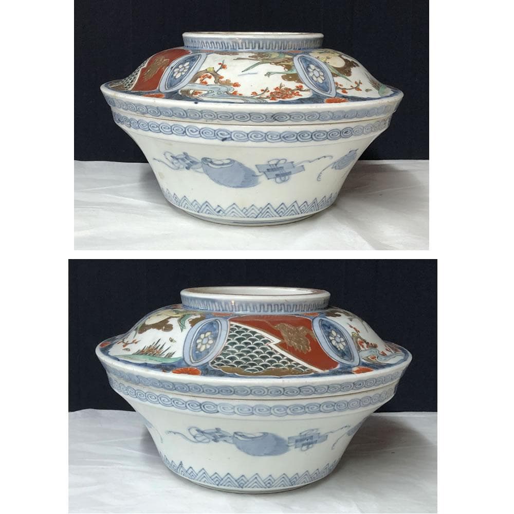 e2346 古伊万里 色絵 染付 蓋物 食籠 花鳥図 菓子器 料理鉢