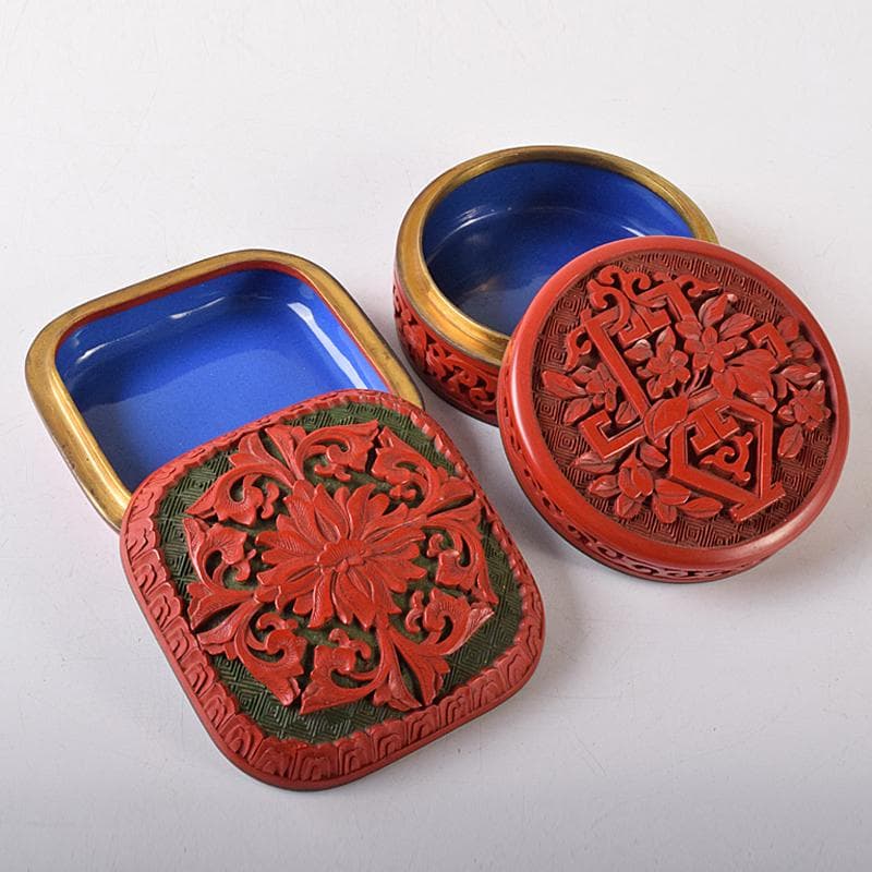 中国　剔紅　堆朱　内七宝　花文　香合　2点まとめて　D　R8207