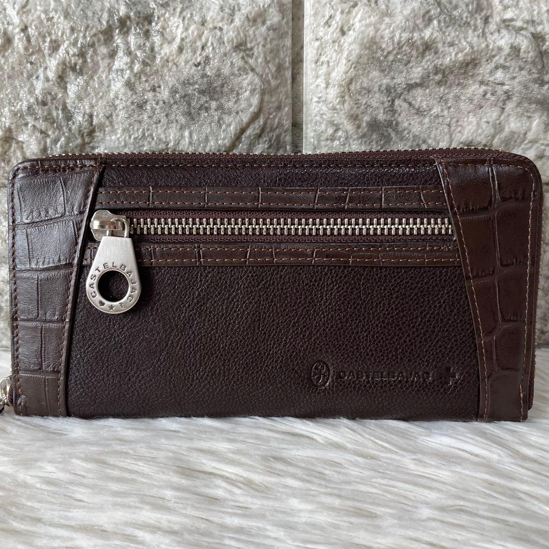 【新品未使用】カステルバジャック　クロコ型押しレザー　ラウンドファスナー長財布