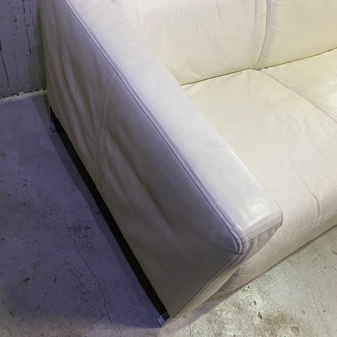 イタリア製　本革　ホワイトレザー 3人掛けソファ　モダン　ミッドセンチュリー