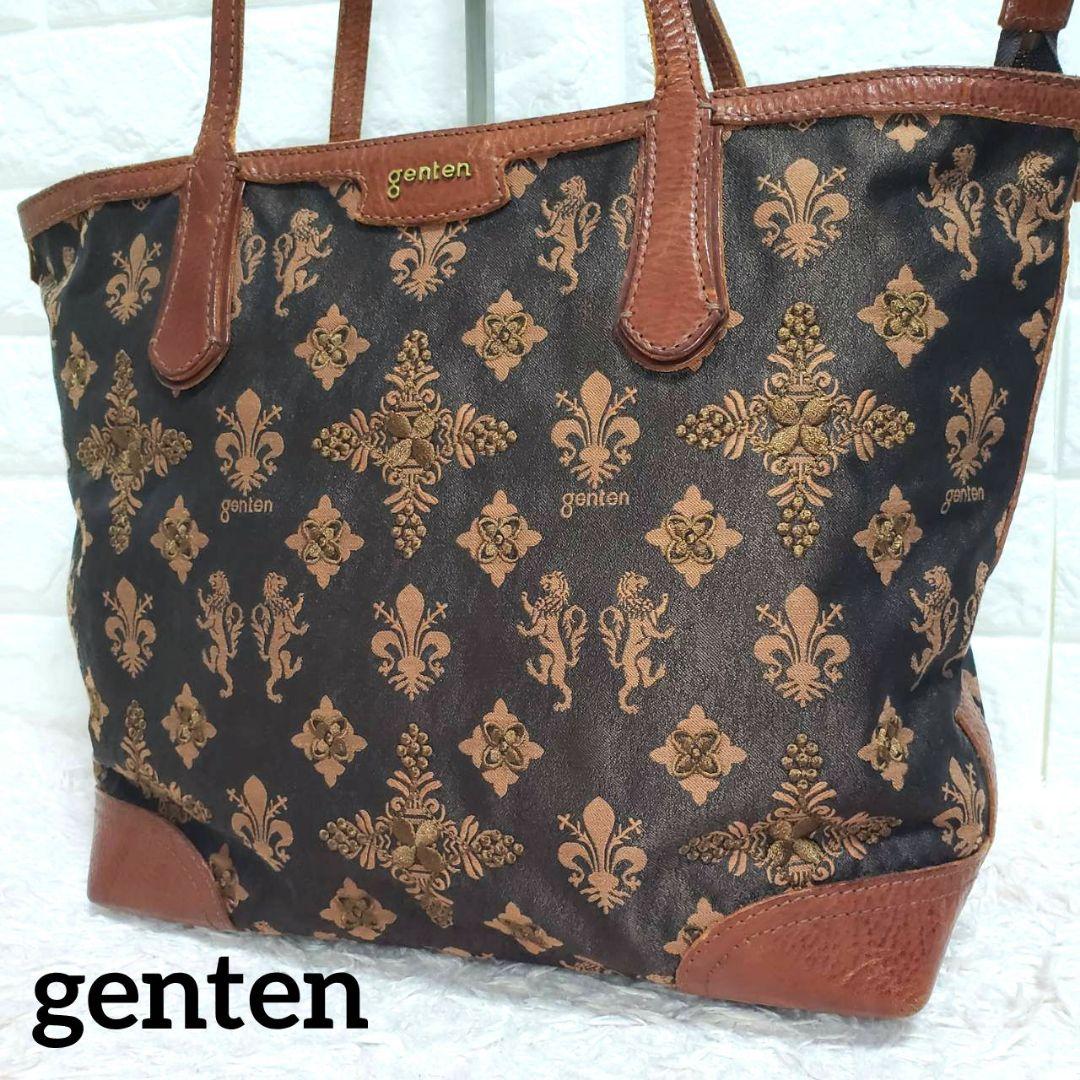 美品 genten ゲンテン ジャガード 総柄 刺繍 A4可 大容量トートバッグ