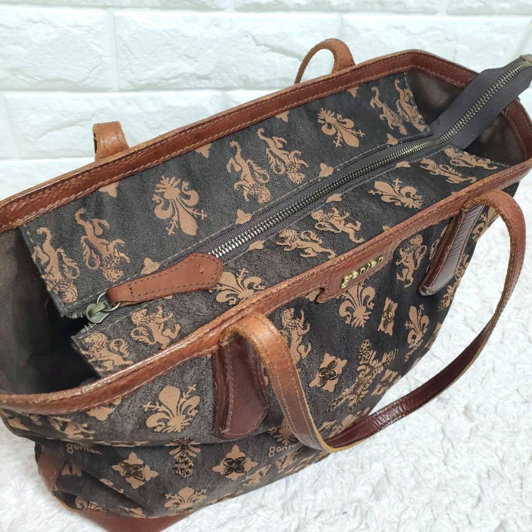 美品 genten ゲンテン ジャガード 総柄 刺繍 A4可 大容量トートバッグ