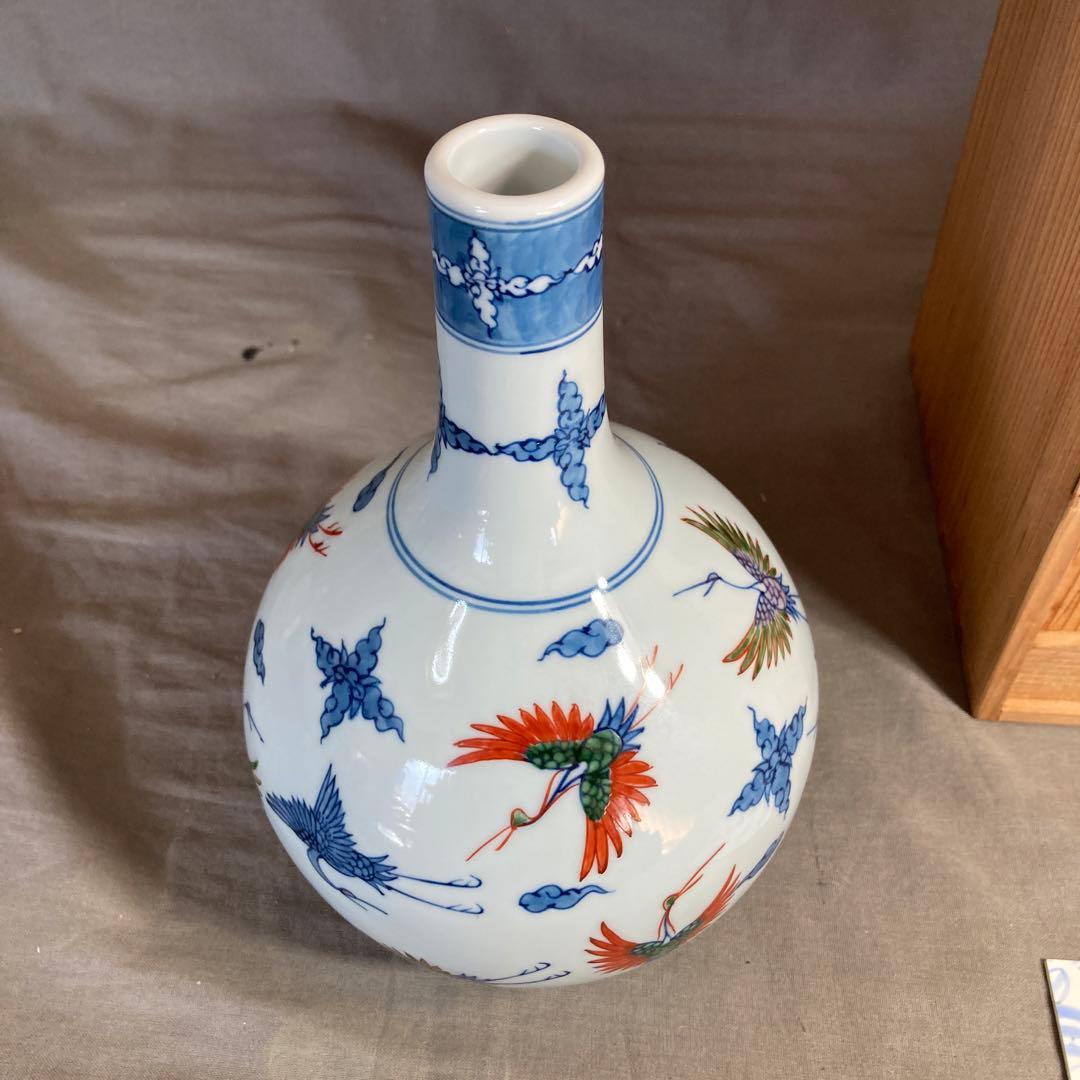 【源右衛門】古伊万里の伝統　日本の名窯　舘林源右衛門作　染錦舞鶴文　鶴首花瓶