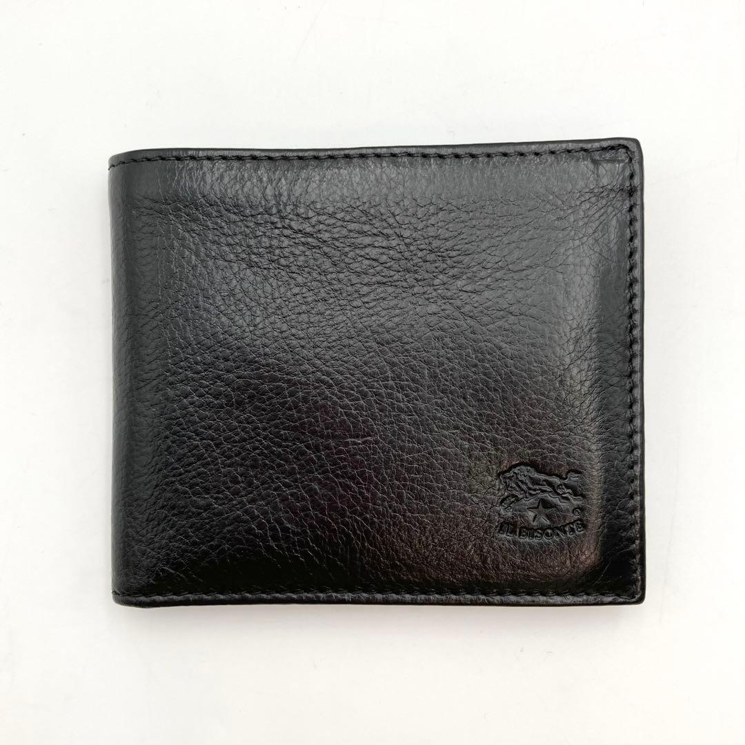てんてん✨ IL BISONTE 二つ折り財布 黒 レザー ロゴ型押し