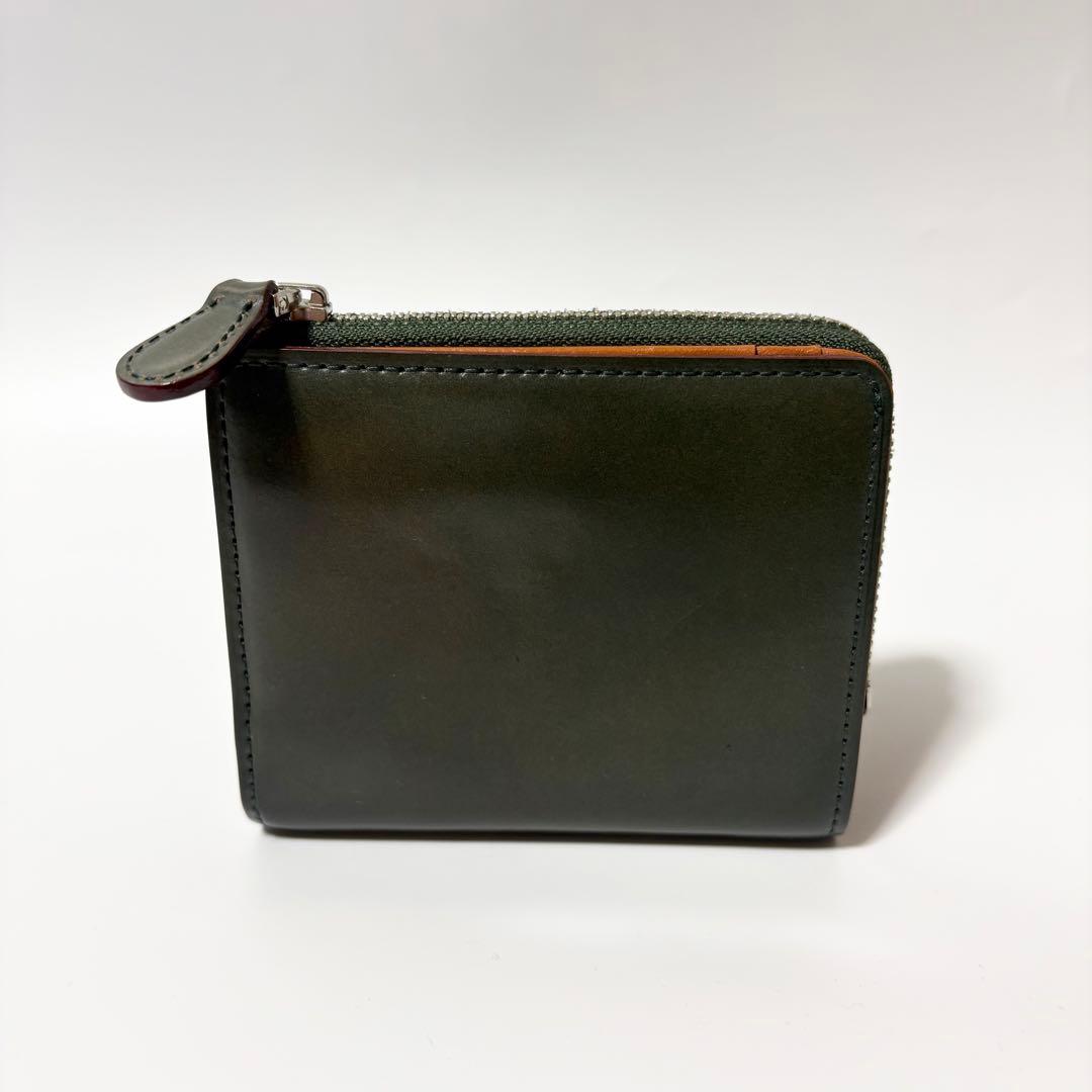 美品　ガンゾ　コードバン　Lファスナー　二つ折り財布　コンパクト　ミニ　グリーン