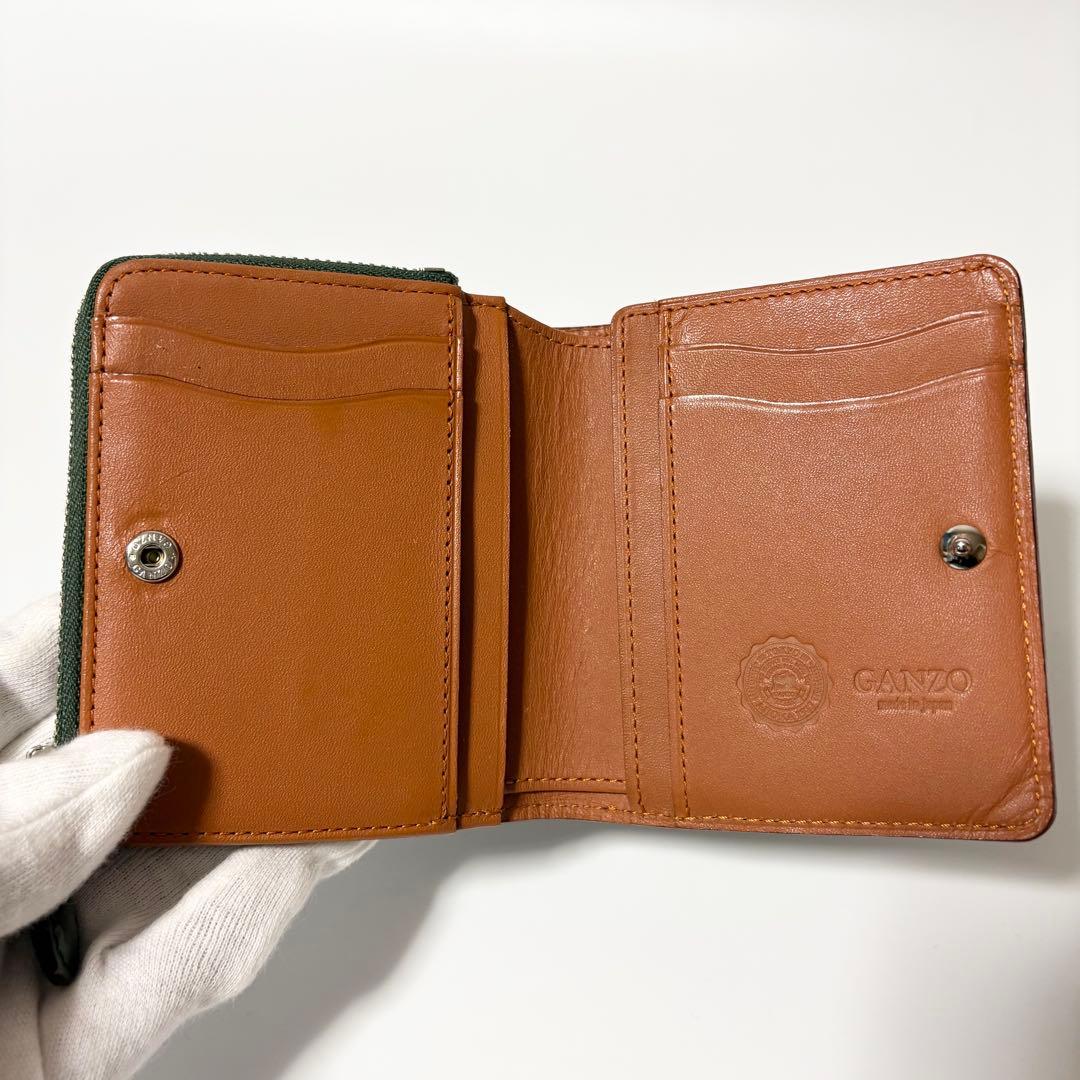 美品　ガンゾ　コードバン　Lファスナー　二つ折り財布　コンパクト　ミニ　グリーン