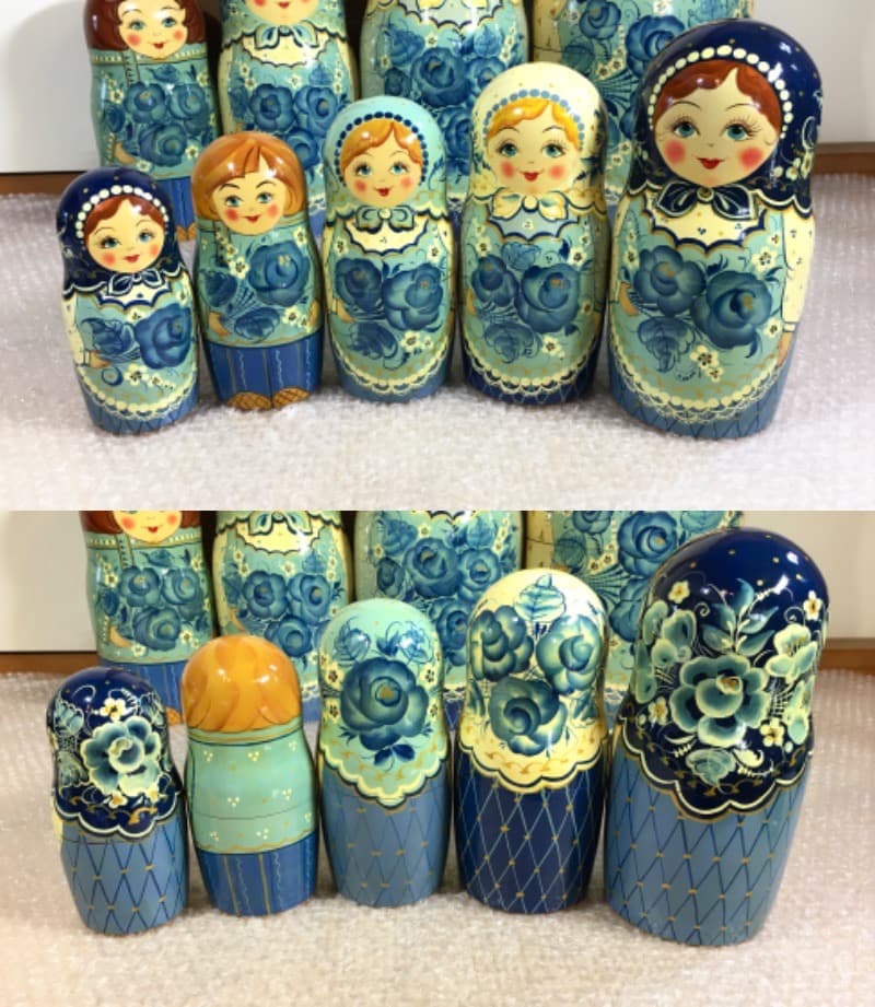 [美品] 希少 手描き青花柄 木製マトリョーシカ 表情違い30体揃い