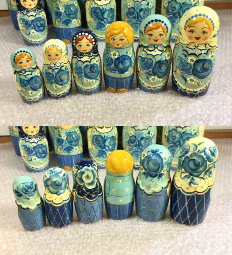 [美品] 希少 手描き青花柄 木製マトリョーシカ 表情違い30体揃い