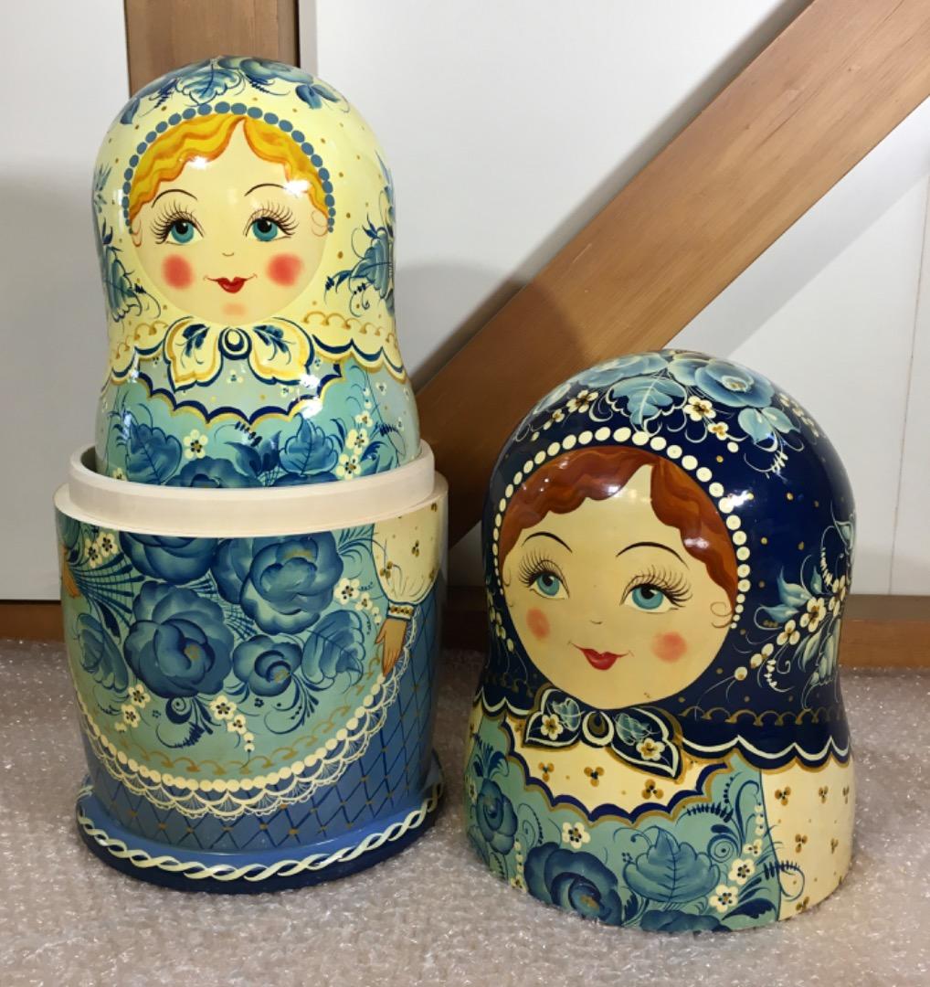 [美品] 希少 手描き青花柄 木製マトリョーシカ 表情違い30体揃い