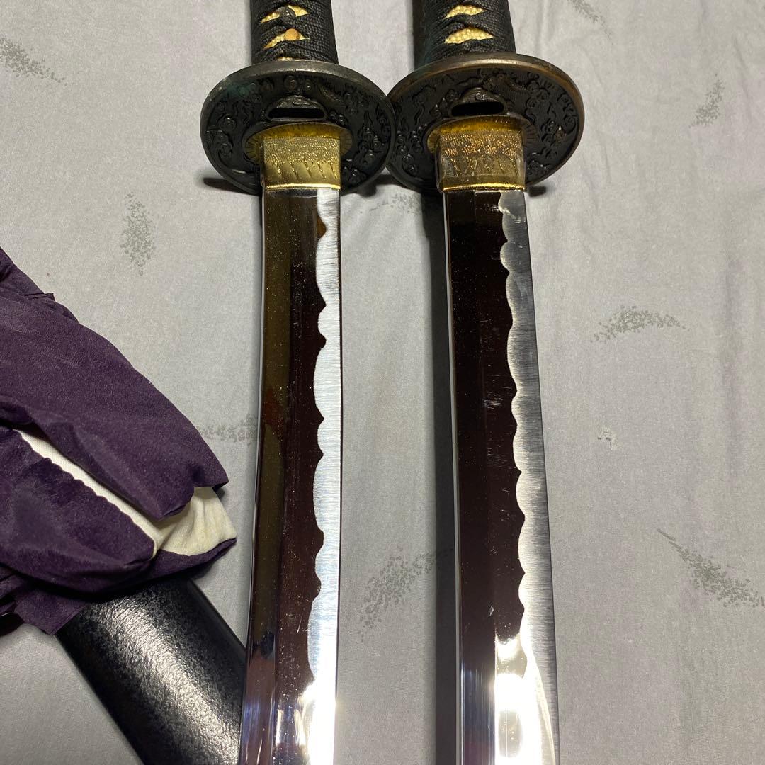 模造刀大(刀袋付)小2本 黒柄 雲龍楕円鍔 黒梨地鞘