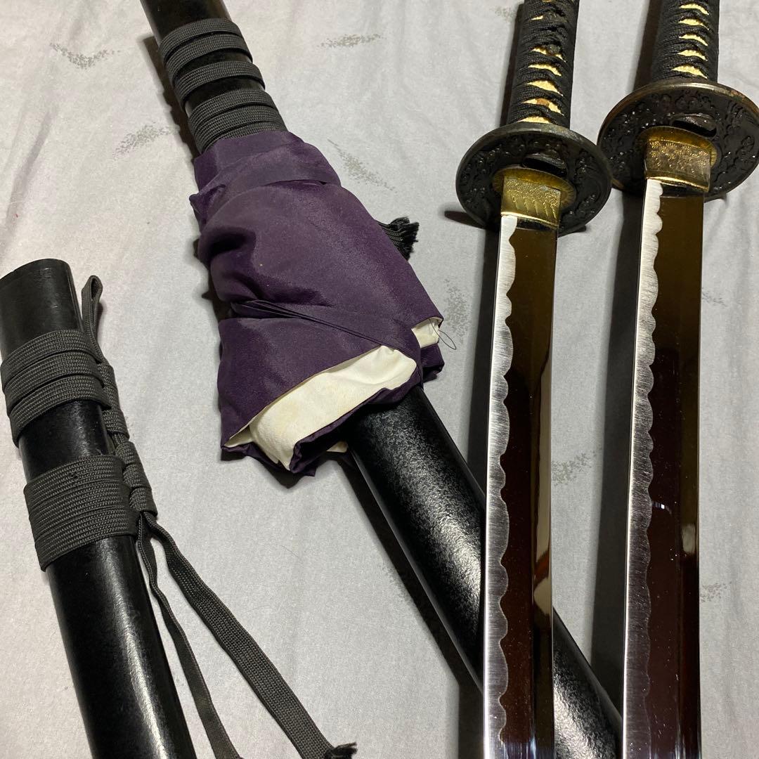 模造刀大(刀袋付)小2本 黒柄 雲龍楕円鍔 黒梨地鞘