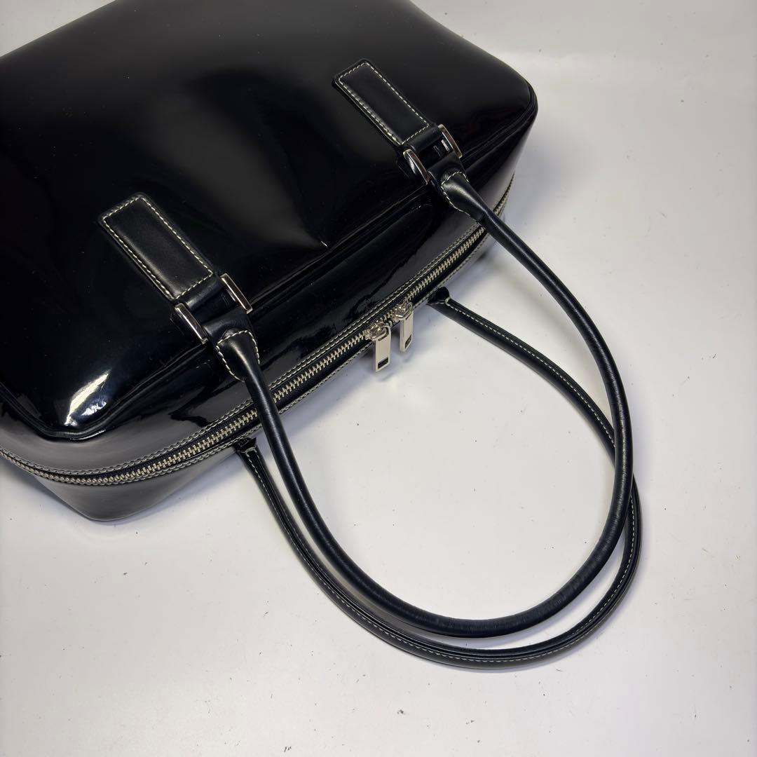 極美品濱野 ハマノ ハンドバッグ セレブボストン エナメル加工 肩掛けブラック