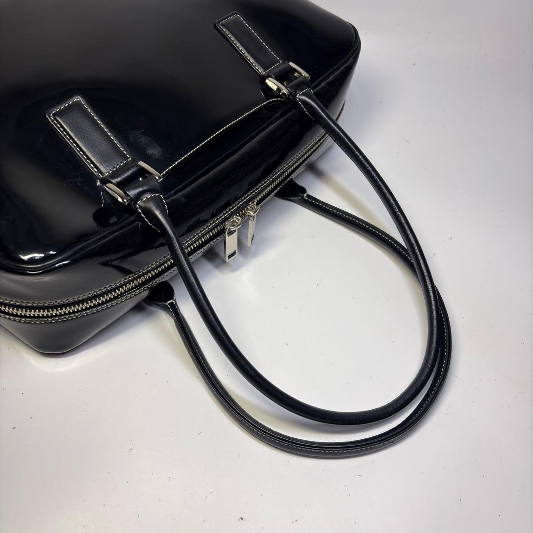 極美品濱野 ハマノ ハンドバッグ セレブボストン エナメル加工 肩掛けブラック
