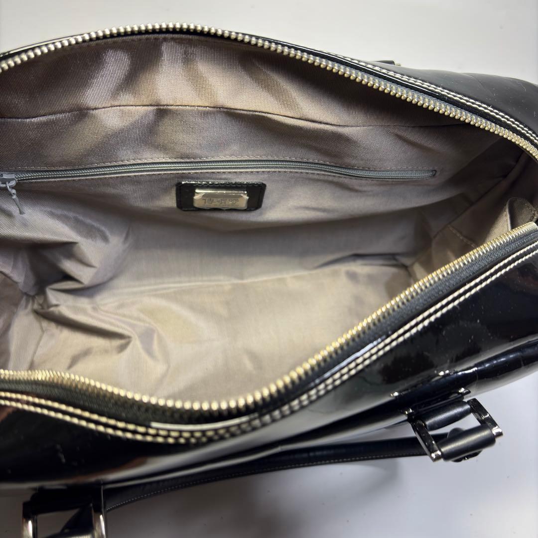 極美品濱野 ハマノ ハンドバッグ セレブボストン エナメル加工 肩掛けブラック