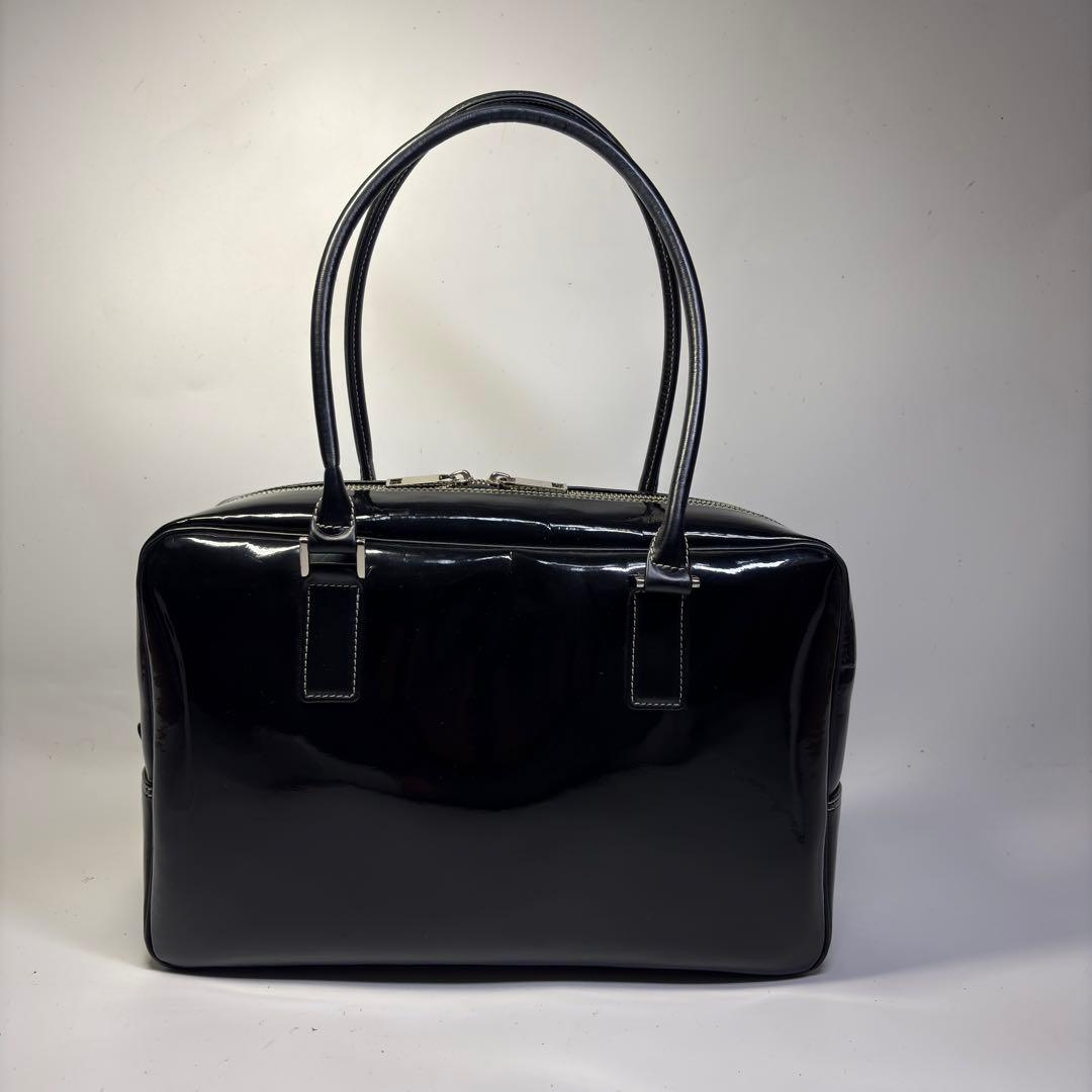 極美品濱野 ハマノ ハンドバッグ セレブボストン エナメル加工 肩掛けブラック