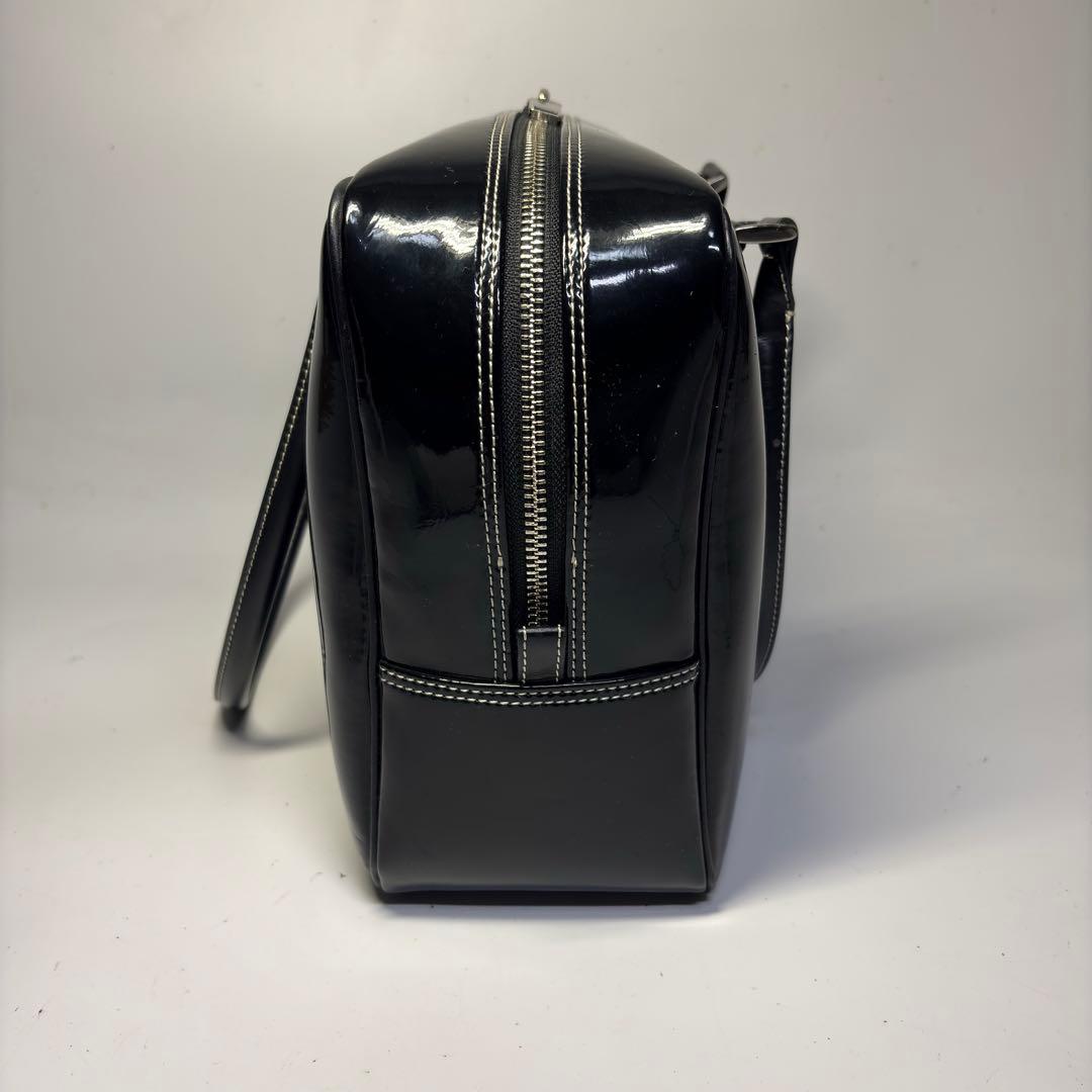 極美品濱野 ハマノ ハンドバッグ セレブボストン エナメル加工 肩掛けブラック