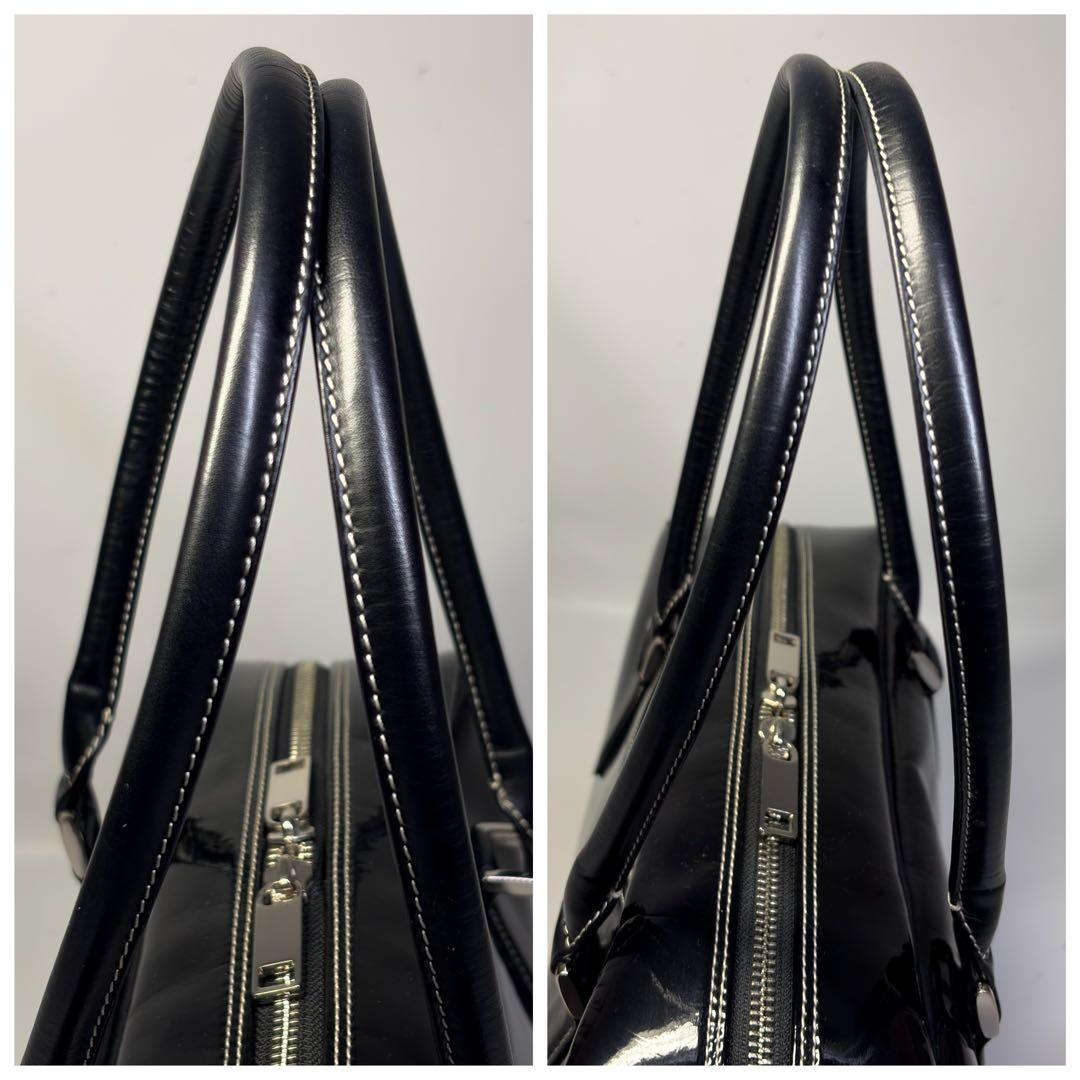 極美品濱野 ハマノ ハンドバッグ セレブボストン エナメル加工 肩掛けブラック